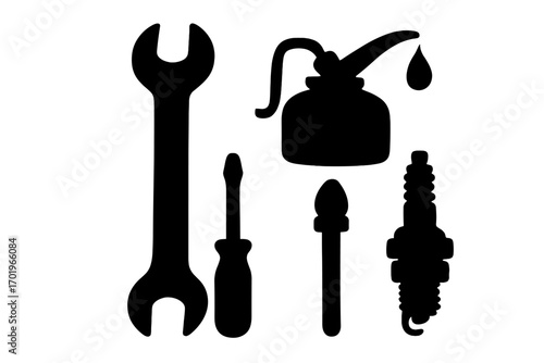 Silhouette tools set with wrench, oil can, screwdriver, and spark plug icons, vector cartoon illustration, mechanic repair equipment, transparent background, ordered tool collection