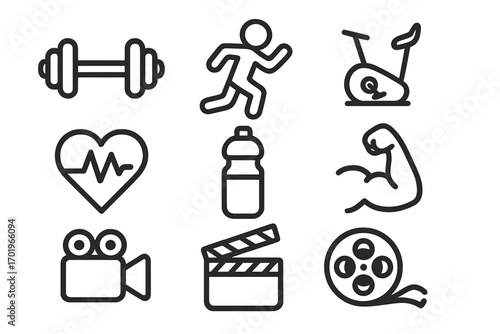 Fitness and Film Icon Set for Web Apps, Vector Cartoon Illustration with Transparent Background, Workout Symbols, Sports Equipment, Running, Hydration, Movie Camera, Clapperboard, Film Reel