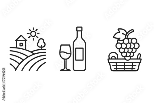 Wine production outline icon set featuring vineyard landscape, wine bottle with glass, and grape harvest basket linear icons, vector cartoon illustration with transparent background