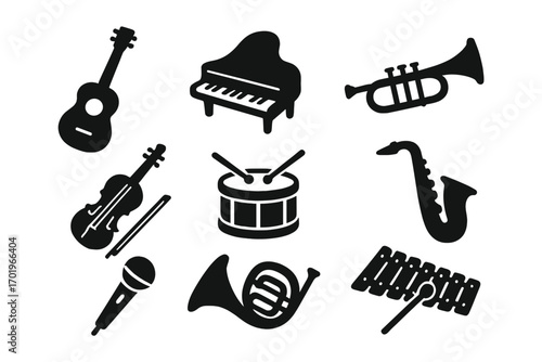 Silhouette icons set of musical instruments guitar piano violin drum trumpet saxophone microphone xylophone horn black vector set with transparent background orchestra band collection
