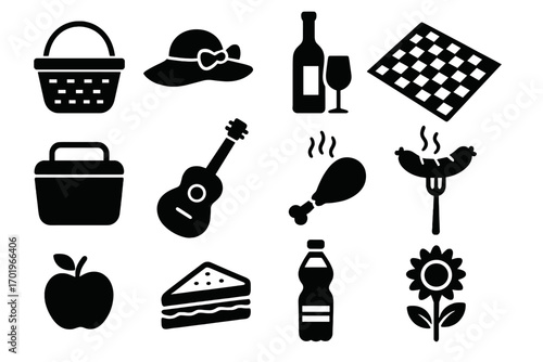 Picnic essentials icons set in black silhouette style for summer outdoor activities, vector cartoon illustration, transparent background, ordered collection of picnic items and leisure symbols