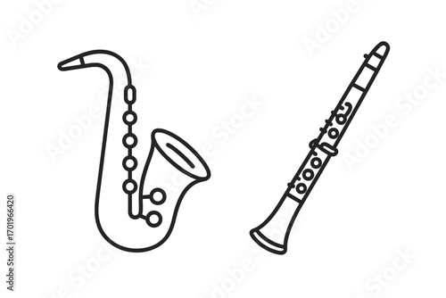 Musical instrument line icon set with saxophone, clarinet, orchestra instruments collection, vector cartoon illustration, transparent background, ordered set 1