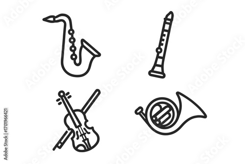 Musical instrument line icon set with saxophone, clarinet, violin and French horn, orchestra wind and string instruments, vector cartoon illustration, transparent background, ordered set