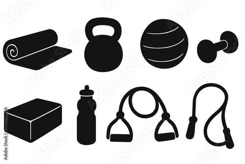 Silhouette fitness equipment icons set for yoga and exercise, kettlebell, dumbbell, resistance bands, yoga mat, exercise ball, water bottle, fitness block, healthy lifestyle vector