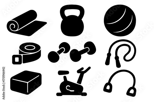 Silhouette icons of fitness equipment for yoga, exercise, gym workout, dumbbells, kettlebell, jump rope, exercise bike, yoga mat, fitness ball, resistance band, wellness essentials, vector set