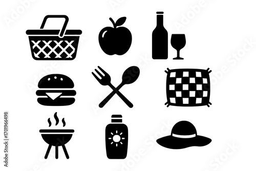 Picnic essentials icons set in black silhouette style for summer outdoor activities, including basket, apple, wine, burger, cutlery, blanket, grill, sunscreen, and hat, vector illustration