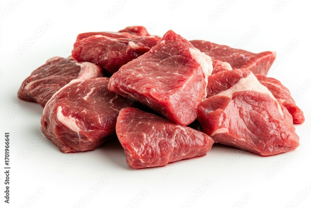 Obraz premium A pile of raw red meat pieces, showcasing a variety of shapes and textures, arranged on a white background.
