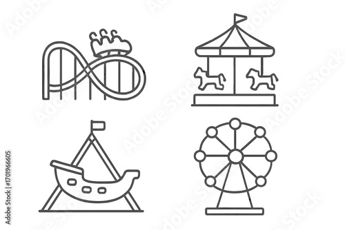 Amusement park icon set in outline style. Collection of theme park ride symbols. Roller coaster, carousel, ferris wheel and swinging boat. Vector cartoon line art illustration.