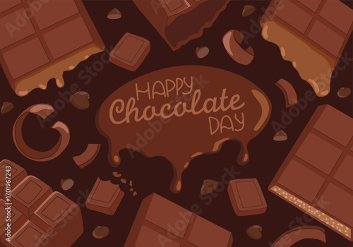 Chocolate holiday poster with chocolate bars, chunks and sprinkles. Vector illustration for International Chocolate Day, sweet shop promotion, advertising, dessert design on dark background