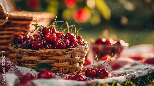 fresh red cherries in a woven basket on a picnic blanket outdoors.