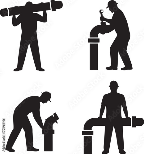 Set of Plumbing Worker Silhouettes – Vector Illustration of Pipe Installation and Repair