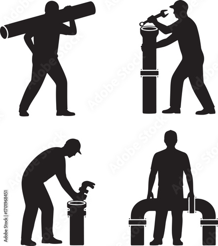 Set of Plumbing Worker Silhouettes – Vector Illustration of Pipe Installation and Repair