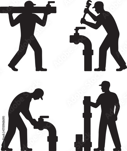 Set of Plumbing Worker Silhouettes – Vector Illustration of Pipe Installation and Repair