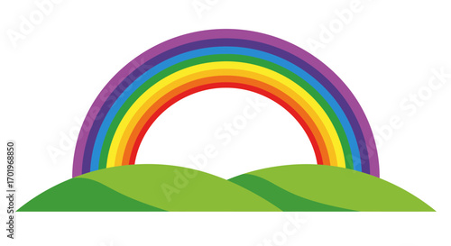 Colorful Rainbow Arching Over Green Hills Illustration.