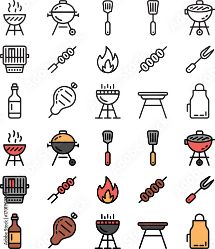 bbq icons set. grill, barbecue, outdoor cooking, meat party vector illustration