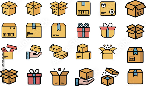 Box and unboxing icon set. packaging, delivery, shipping, product reveal icons. vector illustration	