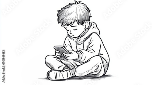 Sad boy sitting with smartphone addiction sketch illustration