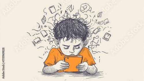 Frustrated boy overwhelmed by smartphone and digital media