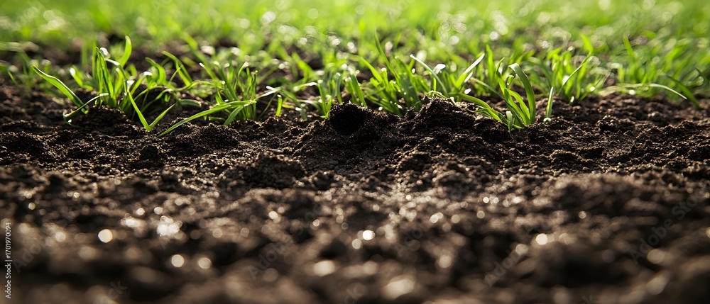 Fototapeta premium A close-up view of fresh green grass growing in rich brown soil, capturing the essence of nature and growth in a vibrant landscape, perfect for environmental themes.