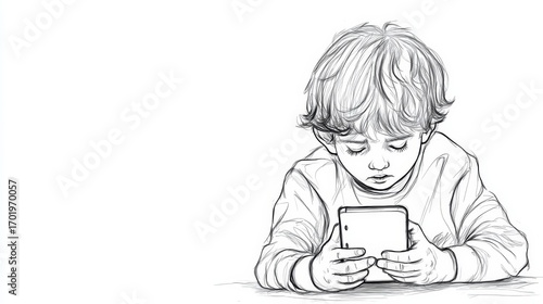 Child staring at smartphone showing digital addiction sketch