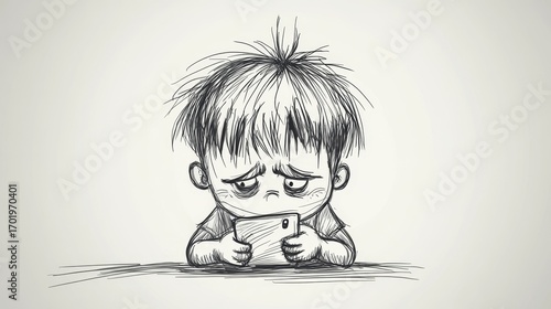 Cartoon boy sad and tired from smartphone addiction