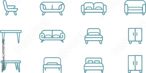 furniture icons in various style set. chair, table, sofa, interior decor vector illustration	