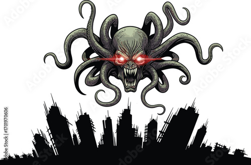 Terrifying octopus-headed monster with glowing red eyes, tentacles, skull face, destroyed cityscape silhouette, apocalyptic, cosmic horror, evil beast