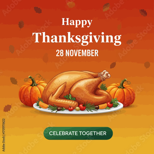 Happy Thanksgiving social media graphic with roasted turkey and pumpkins