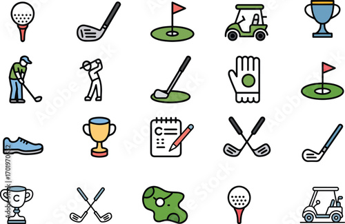 Golf Icon Set Clubs Balls Flags and More Vector Illustration