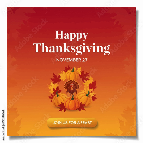 Happy Thanksgiving social media post with a turkey and pumpkin wreath, festive design