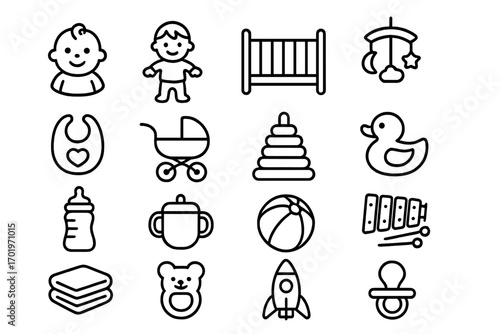 Baby and toddler line icon set. Newborn essentials, nursery items, and toys collection. Simple outline vector icons for childcare, feeding, and playtime. Minimalist pictograms.