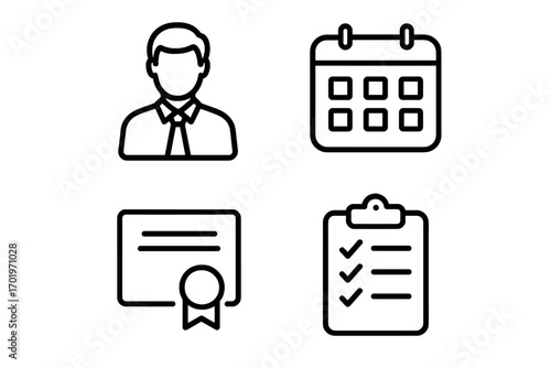 Business office linear icon set. Employee, calendar schedule, award certificate, clipboard checklist. Vector concept for human resources, work tasks, and project management.