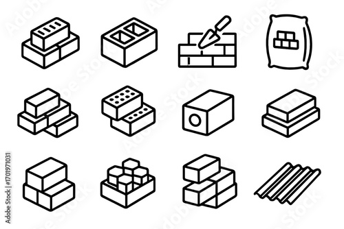 Building materials line icon set. Construction industry vector graphics. Bricks, concrete blocks, cement, and masonry tool outline collection. Isometric building supplies elements.