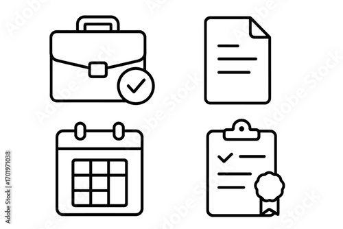 Business and office linear icon set. Essential work, document, calendar, certificate, clipboard. Vector illustration for workflow, planning, project management, and schedule.