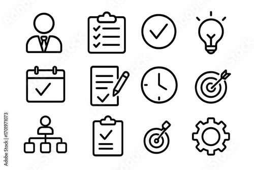 Business task management outline icon set. Project planning, efficiency, and workflow symbols. Vector linear icons for productivity, goals, strategy, and deadlines.