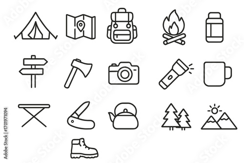 Camping outdoor line icon set. Adventure, hiking, backpacking essentials collection. Tourism gear and travel equipment. Forest nature survival outline icons. Vector symbols.