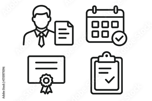 Business and office linear icon set. Employee with document, approved calendar schedule, achievement certificate, and task clipboard. Essential work and management symbols.