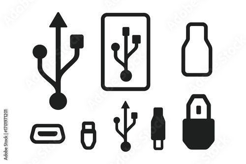 Set of USB icons. Universal Serial Bus connectors and symbols. Type C, micro, mini. Data transfer, charge port, plug collection. Technology hardware interface design elements.