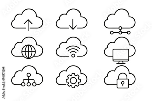 Cloud computing outline icon set. Web services, technology, data storage, networking, security concept. Vector linear pictograms. Upload, download, server, global access, wifi.