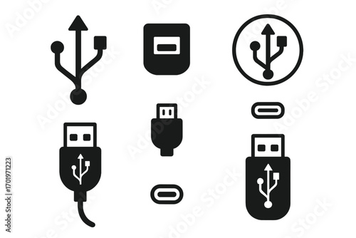 USB icon set. Collection of universal serial bus symbols and connectors. Vector graphic design element. USB-C, Type-A, flash drive, port. Technology connection interface.