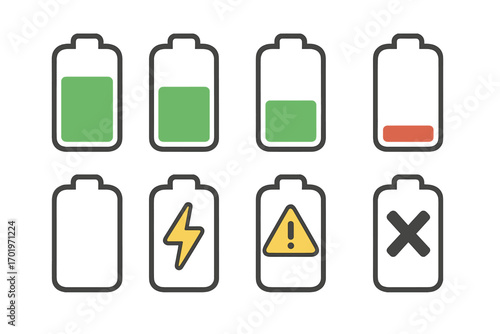 Vector battery icon set for UI design. Collection of battery charge level indicators. Status icons like full, half, low, empty, charging, warning, and error for mobile devices.