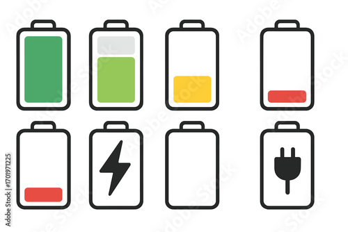 Battery charge level indicator icon set for smartphone or web UI. Vector icons showing power status from full to empty, low, and charging. Energy level symbol collection.