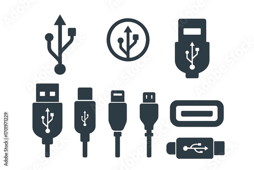 USB connector icon set. Vector collection of different USB plugs and ports. Type A, Type C, Micro, Mini. Technology computer connection symbols for data transfer and charging.