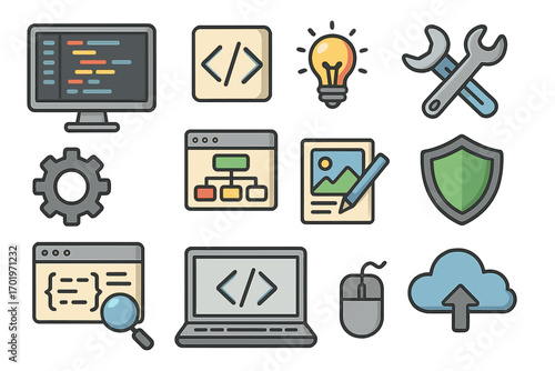 Coding icon collection. Technology icons for software development, programming, and web design. Vector symbols for security, cloud computing, debugging, and settings tools.