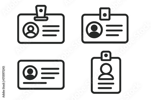 ID card icon set. Identification badge symbol collection. Simple line art for employee access pass, security, or personal identity verification. Vector press card and staff tag.