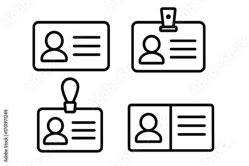 ID card and name badge line icon set. Simple vector collection of identification, access pass, press card, and employee tag icons. Minimalist identity symbol design.