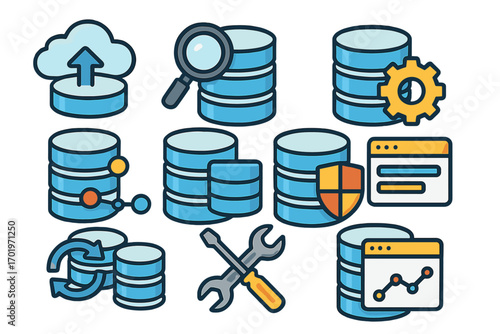 Big data & database icon collection. Vector set for data management concepts, cloud server technology, information security, analytics, network system, and digital tools.
