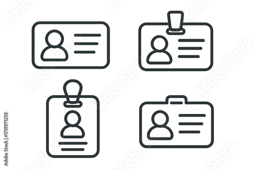 ID card icon set. Simple line art badge collection. Vector of identification pass. Concept for security, access, corporate staff, name tag, personal identity, and document.