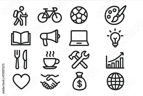 Simple line icon collection for business, hobbies, and global concepts. Set includes growth chart, idea bulb, handshake, and sport symbols. Vector glyphs for web, UI, mobile apps.