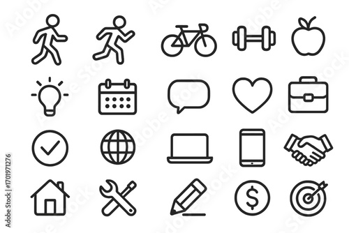 Minimalist line icon set for business, health, and modern lifestyle concepts. Universal vector pictograms for web design, apps, and work-life balance themes. Editable outline.